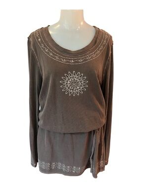 Prana Brown Embroidered Mandala Long-Sleeve Dress with Drawstring Waist size L